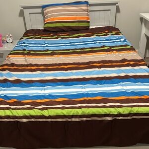 Multicolor stripe kids comforter twin size with pillowcase brown blue green
